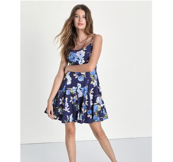 Lulu's Dresses & Skirts - Lulus Adorable Sweetness Navy Blue Floral Print Linen Mini Dress Size Small